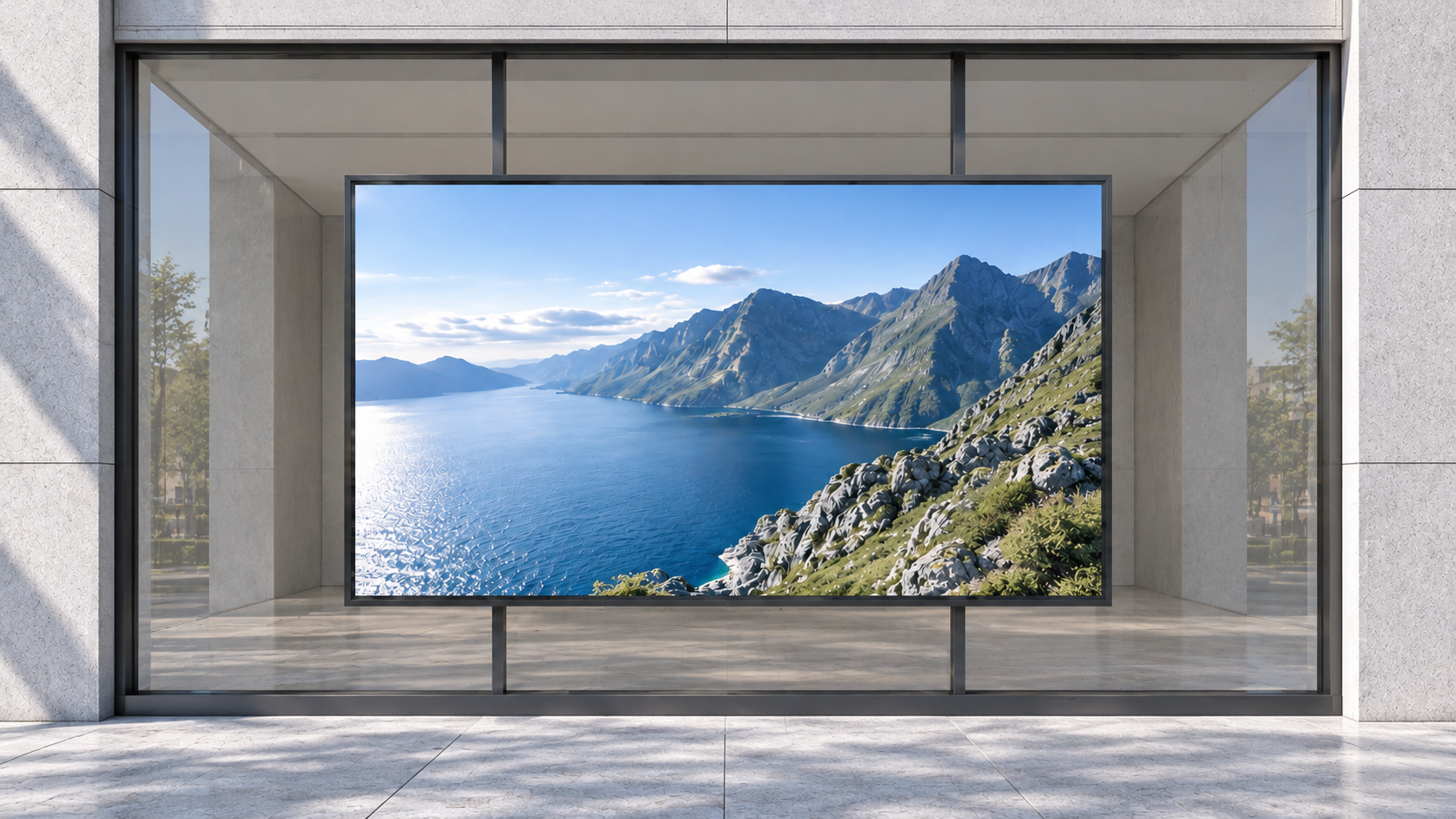 Illustrative commercial display behind glass in a bright daytime environment