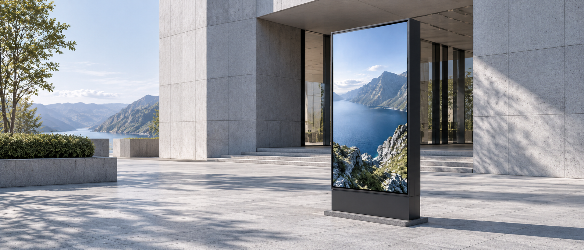 Freestanding outdoor display in a modern commercial plaza; concept scene