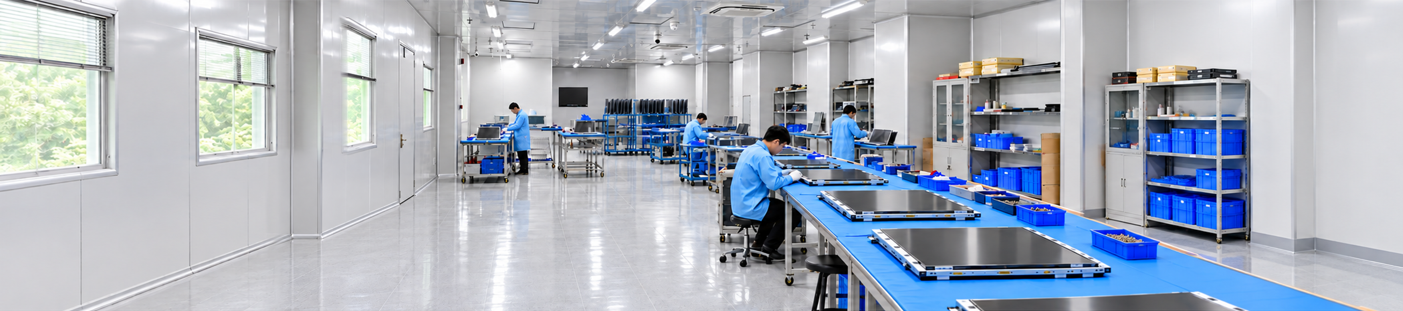 Display assembly benches and engineering staff; manufacturing concept visual