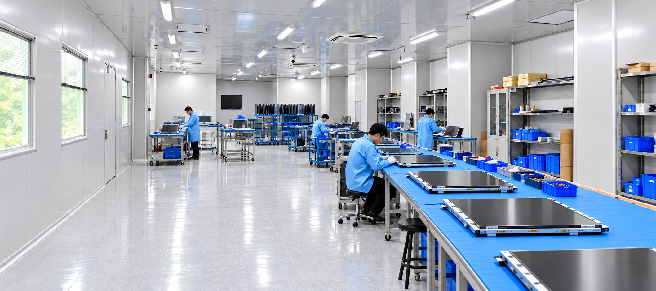 Display assembly benches and engineering staff; manufacturing concept visual