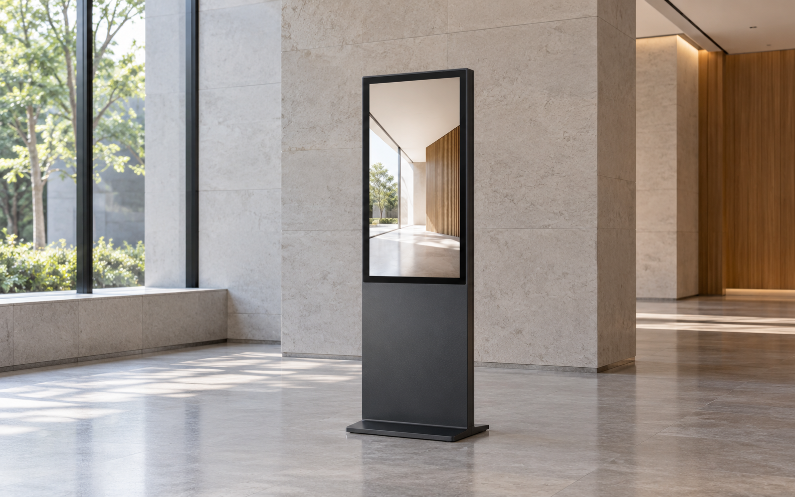 Single commercial kiosk in an architectural setting; concept scene