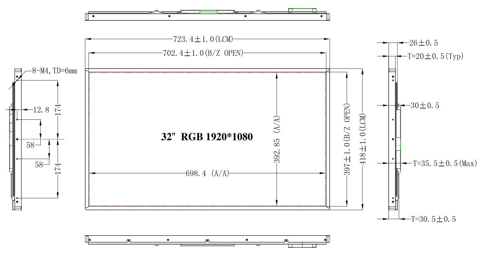 YZ320MJH20H-V0 original dimensions from model PDF