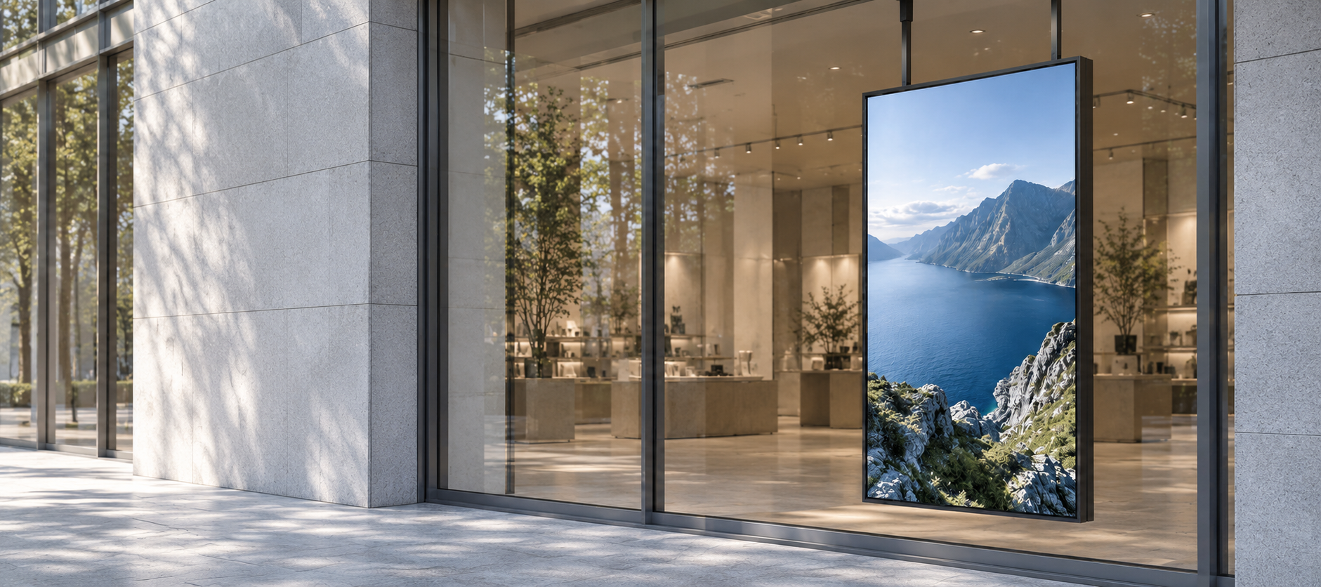 Retail window display in a bright commercial setting; concept scene