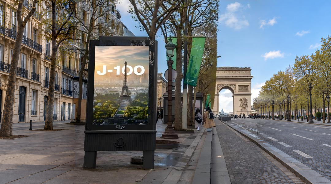 Outdoor digital media display in Paris during the 2024 period
