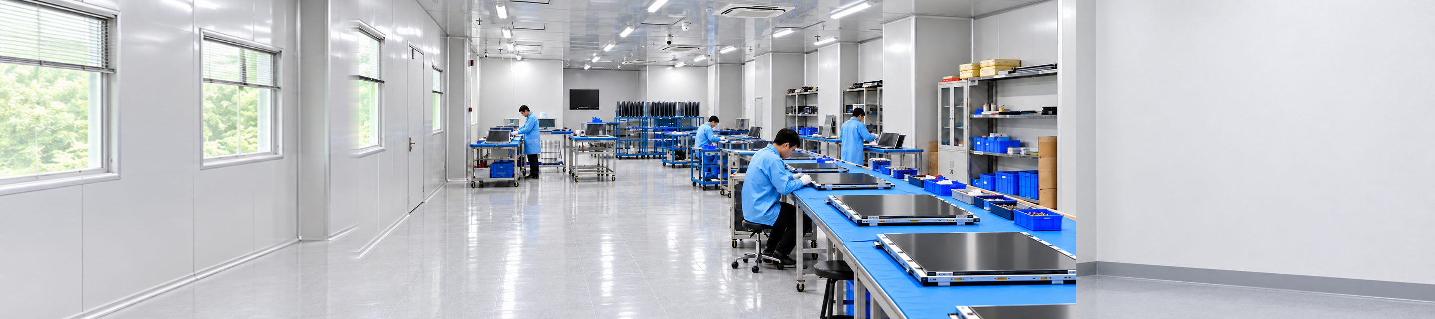 Display assembly benches and engineering staff; manufacturing concept visual