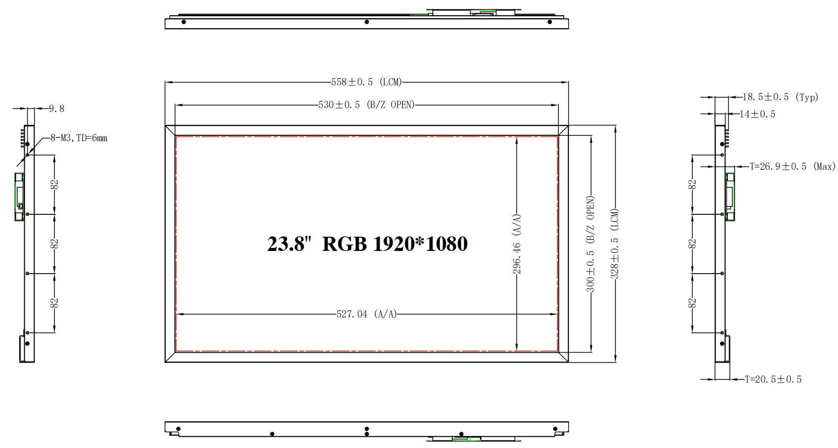 YZ238MEH20H-V0 original dimensions from model PDF